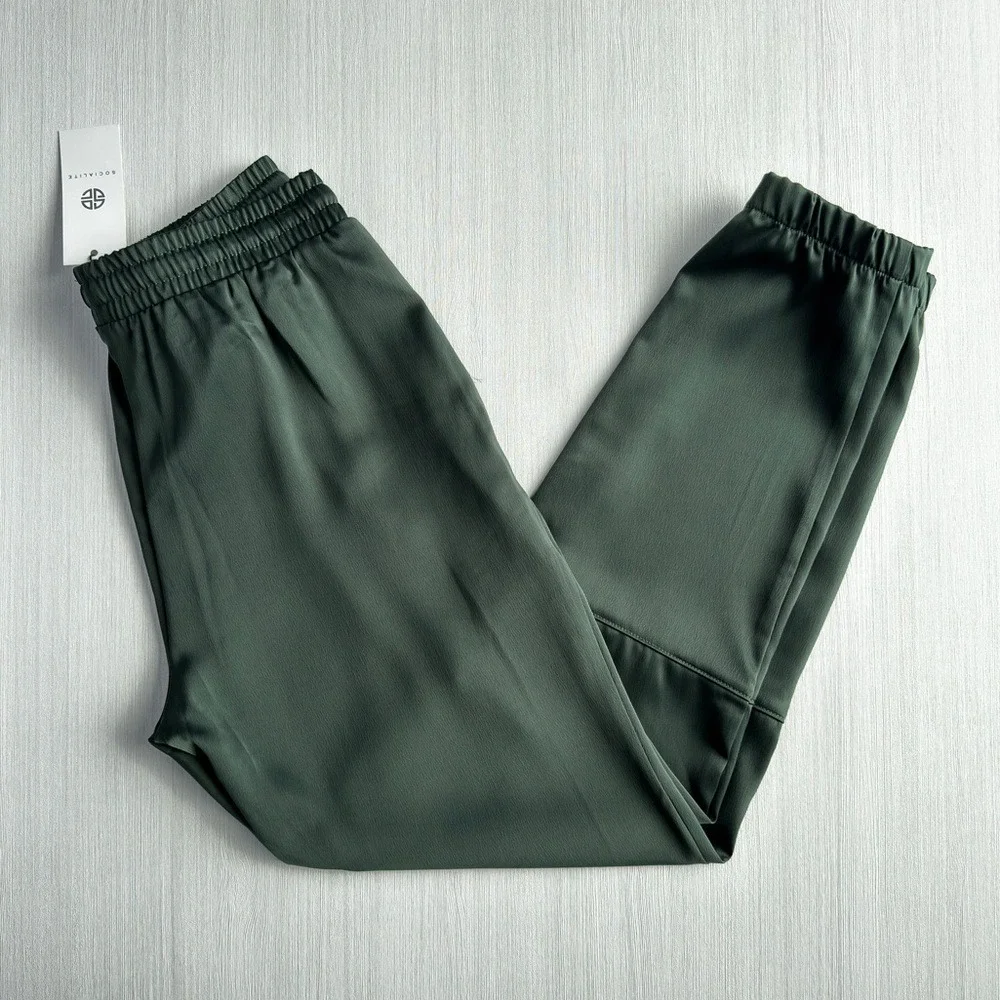 Socialite Satin Joggers Olive Green XS Minimalist Party Elevated Casual‎ Pants